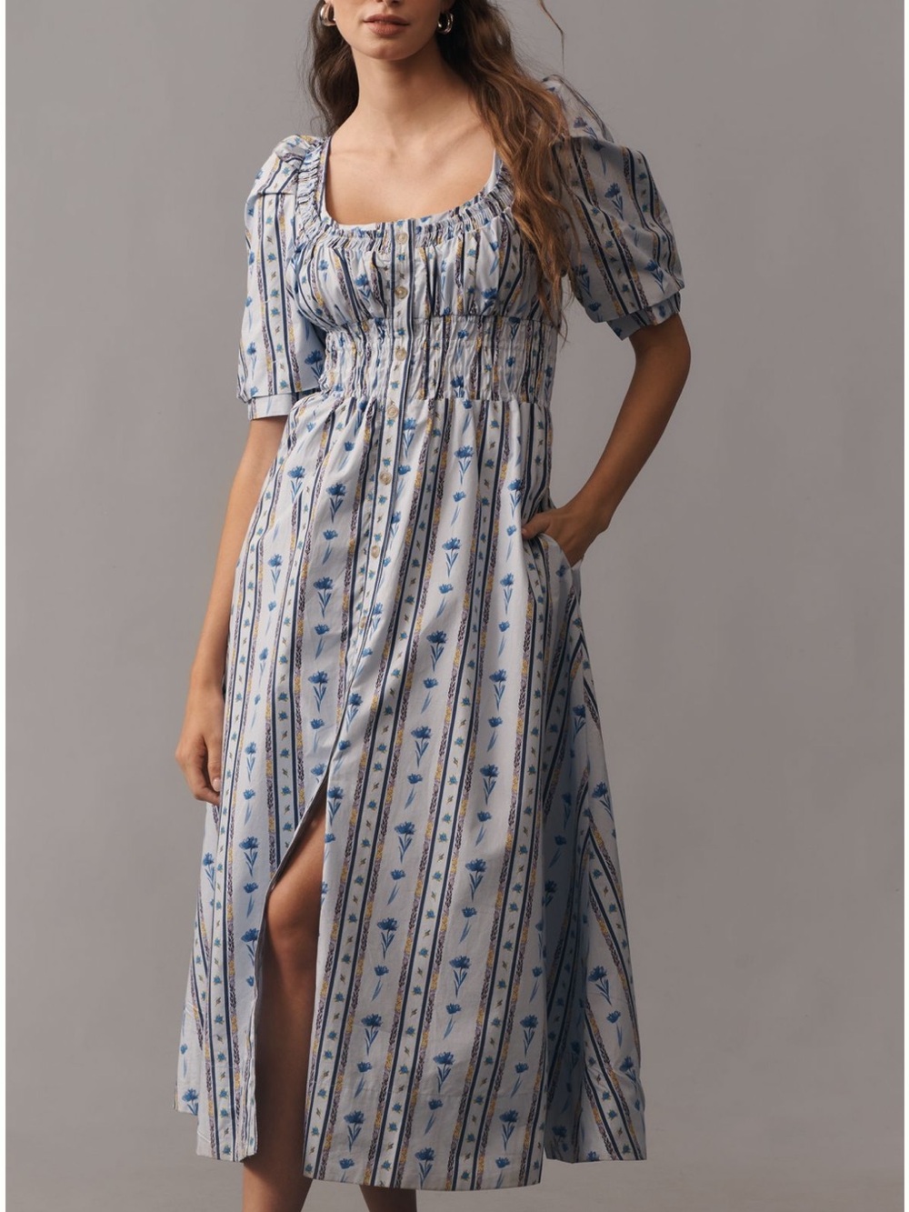 Anthropologie Blue Floral Smocked Midi Dress